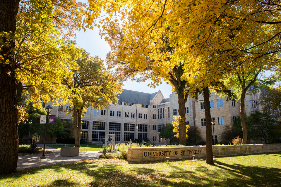 O'Shaugnessy科学馆和Owens科学馆介于秋色中,见2018年10月18日
